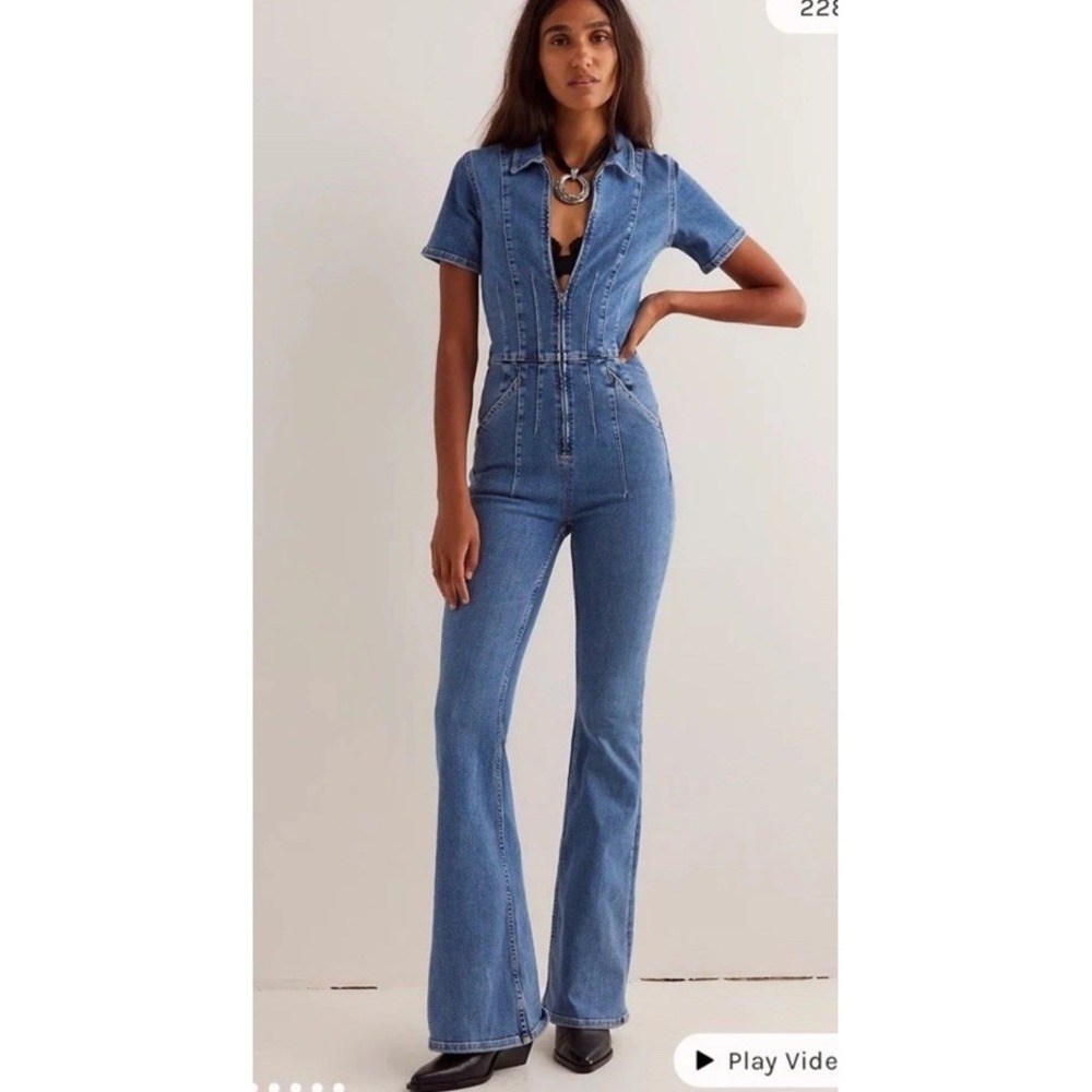Free People Blue Denim Short-Sleeve Jumpsuit